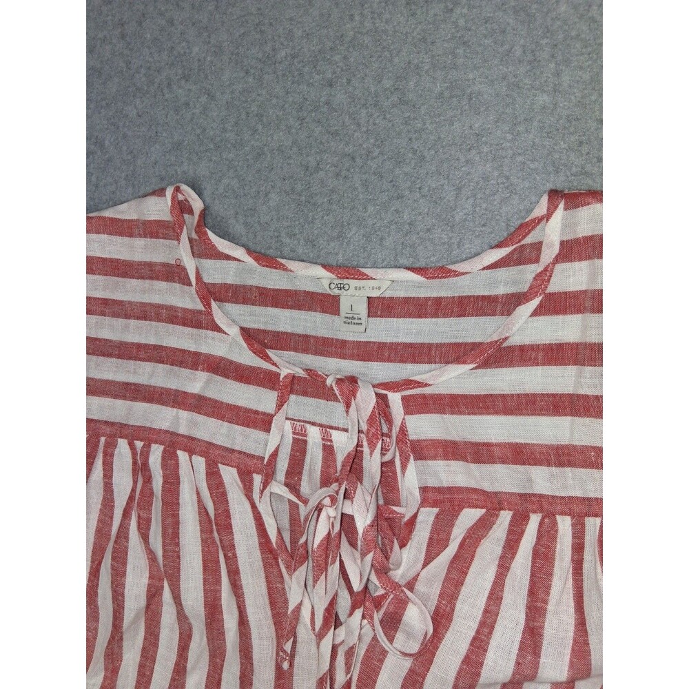 Cato Linen Blend Peasant Tunic Top Womens L Red White Striped Coastal Grandma - Picture 3 of 14
